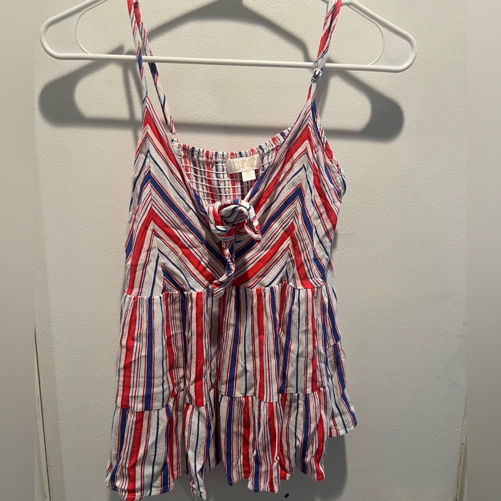B K K Chance red white, and blue flowy tank